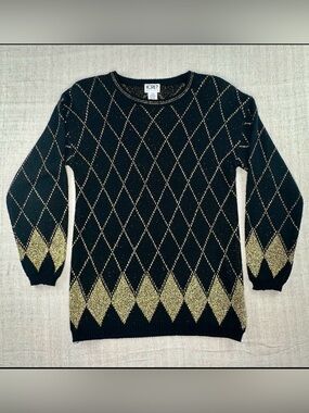 Vintage Koret Petites Sweater S Black Gold Lurex Argyle Metallic Knit 80s 90s